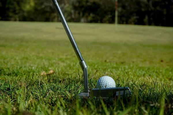 Golf Clubs Ball Green Lawn Beautiful Golf Course Morning Sunshine — Stockfoto