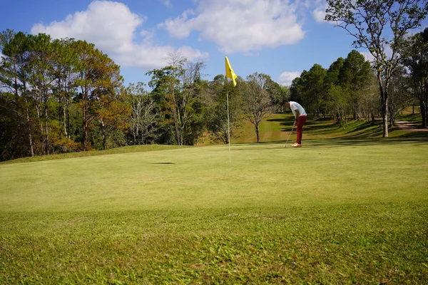 Golfspelare Sätta Golfboll Till Hål Solnedgången Eller Soluppgången Utsikt Över — Stockfoto