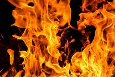 Siyah arka planda yangın alevleri. Doğal ormandaki yangın, alevler ve kıvılcımlar arka planda karanlık bir yakıt, siyah bir arka planda ışıklar.