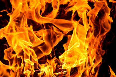 Siyah arka planda yangın alevleri. Doğal ormandaki yangın, alevler ve kıvılcımlar arka planda karanlık bir yakıt, siyah bir arka planda ışıklar.