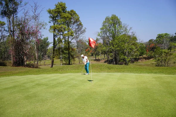 Golfista Hraje Golf Večerním Golfovém Hřišti Při Západu Slunce Večerní — Stock fotografie