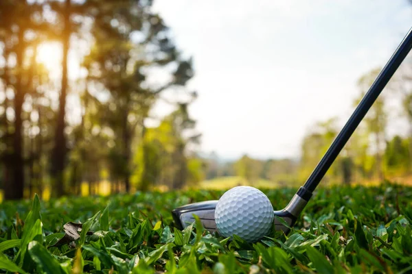 Golfclubs Golfballen Een Groen Grasveld Een Prachtige Golfbaan Met Ochtendzon — Stockfoto