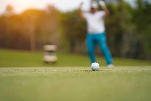 Golf Balls Going Hole Golfers Green Grass Golf Course Sunset — Stock Photo, Image