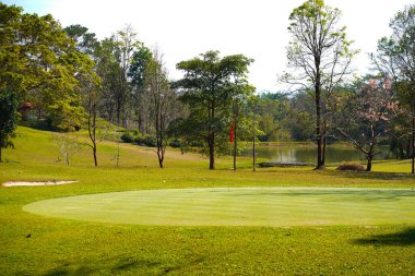  Golf sahasının manzarası ve güzel bir golf sahası. Zengin yeşil çimenlikli golf sahası. Güzel manzara..                               