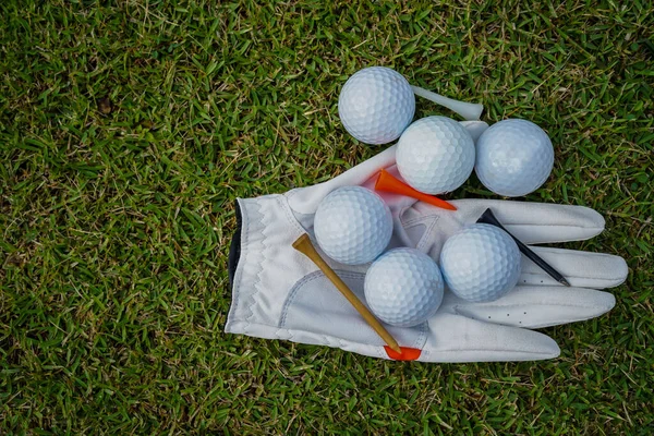 Golf equipment on green grass, ball, glove, tee and golf-club driver, golf gear and equipment on flat lay top view.