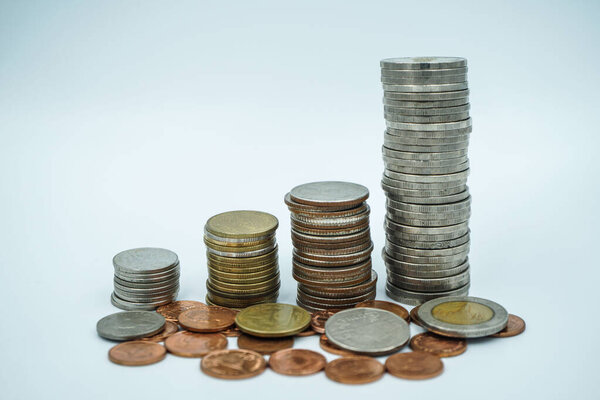 Coin thai bath on white background. Coins and currency of Thailand on the white background.                                