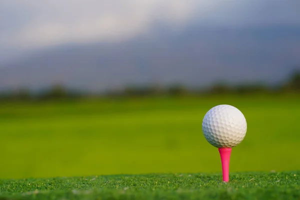 Golfbal Tee Prachtige Golfbaan Bij Zonsondergang Achtergrond Klaar Golfen Eerste — Stockfoto