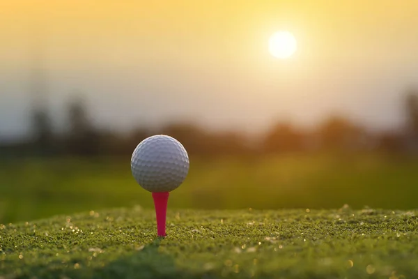 Golfboll Tee Vacker Golfbana Vid Solnedgången Bakgrund Redo För Golf — Stockfoto