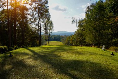 Golf sahasının manzarası ve güzel bir golf sahası. Zengin yeşil çimenlikli golf sahası. Güzel manzara..                            