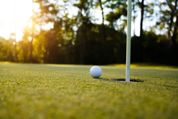 Bola Golfe Grama Verde Campo Golfe Noite Com Fundo Sol — Fotografia de Stock