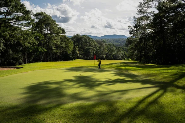 Golfista Poniendo Pelota Golf Verde Destello Lente Hora Tarde Puesta — Foto de Stock