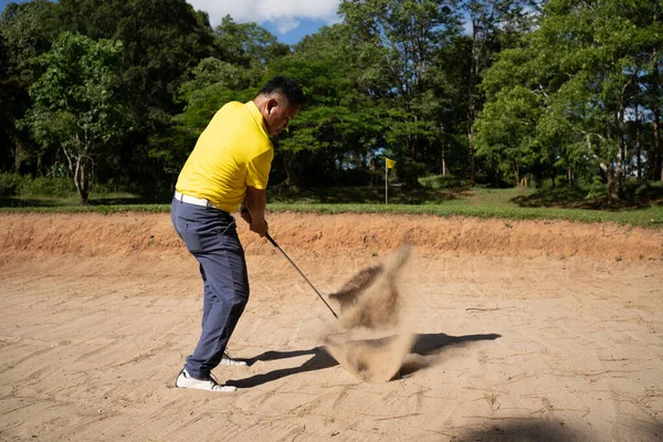 Asian Golfer Swings Sand Pit Pre Match Practice Golf Course — Stock Fotó