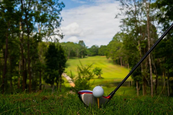 朝の日差しと美しいゴルフコースで緑の芝生の上のゴルフクラブやゴルフボール — ストック写真