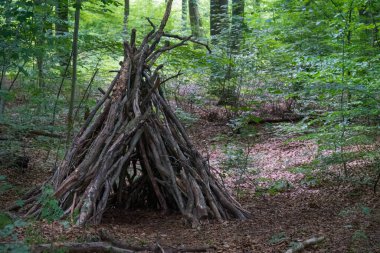 Small hut in the forest made out of branches by playing children