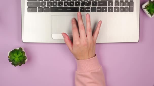 Жіноча Рука Використовує Тачпад Срібного Ноутбука Рожевому Тлі Зеленими Рослинами — стокове відео