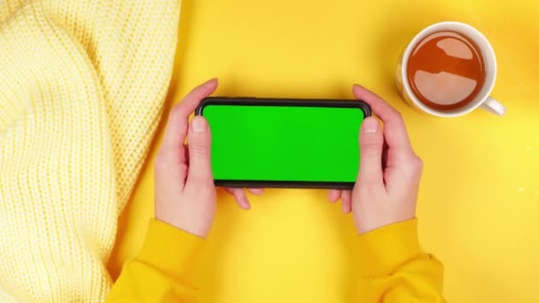 Hands Young Girl Hold Smartphone Green Chroma Key Mockup Applications — Vídeo de Stock