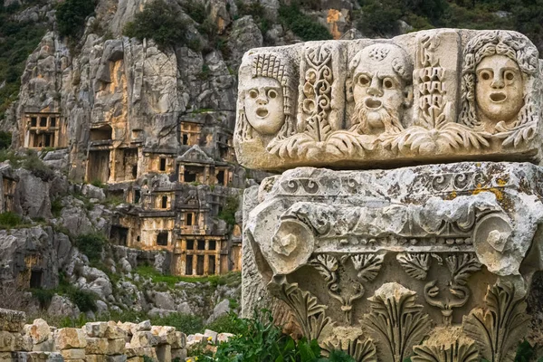 Stone Theater Faces Masks Myra Ancient City Lycian Rock Tombs Лицензионные Стоковые Изображения