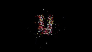Colored Butterfly gather and form Typeface with alpha and  loop at frame 170-224 the character U