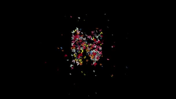 色蝶が集まり フレーム170 224文字NでアルファとループでTypefaceを形成します — ストック動画