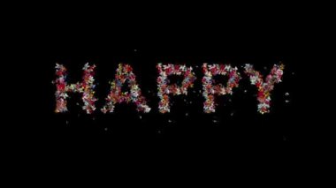 Colored butterfly gather and form the text happy (loop frame 170-224)