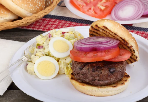 Hambúrguer e salada de batata — Fotografia de Stock