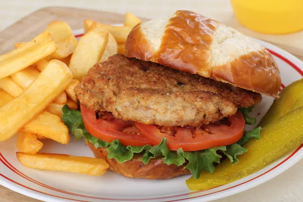 Pork Tenderloin Sandwich and Fries — Stock Photo, Image