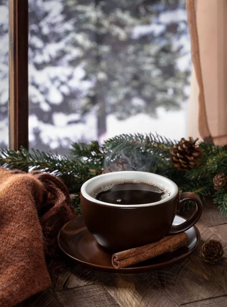 Steaming Hot Cup Coffee Rustic Wooden Table Window Winter Outdoors — Stock Photo, Image