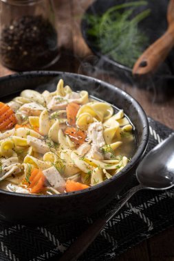 Tavuklu şehriye çorbası, havuçlu ve ahşap bir masada dereotlu.