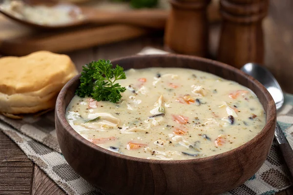 Closeup Bowl Creamy Chicken Rice Soup Garnished Parsley Rustic Wooden — Stock Photo, Image