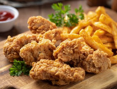 Tahta bir tahtanın üzerinde maydanozla süslenmiş kızarmış tavuk ve patates kızartması.