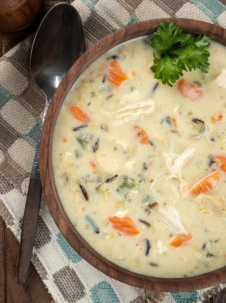 Bowl Chicken Rice Soup Carrots Garnished Parsley Rustic Wooden Table — Stock Photo, Image