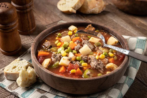 Vegetable Beef Soup Brown Bowl Rustic Wooden Table — Stockfoto