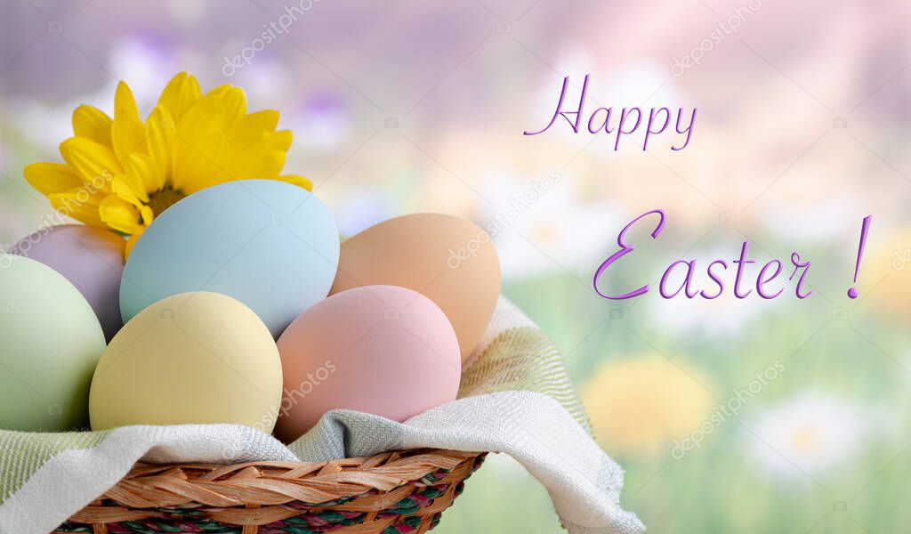 Closeup of colored easter eggs in a basket with colorful springtime background and Happy Easter text