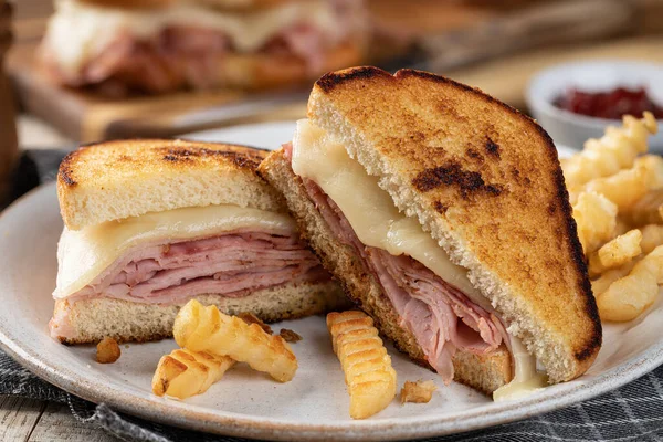 Grilled Ham Cheese Sandwich Cut Half French Fries Plate — Stock Photo, Image