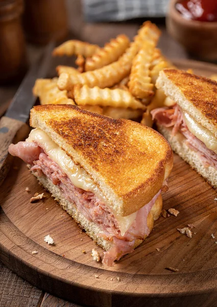 Grilled Ham Cheese Sandwich Cut Half French Fries Wooden Cutting — Stock Photo, Image