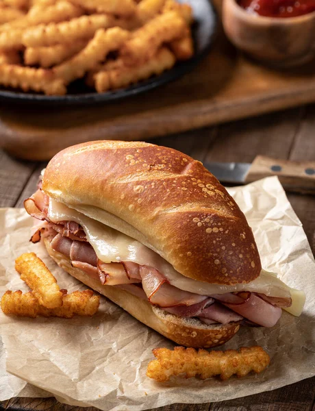 Sandwich Submarino Jamón Queso Caliente Con Papas Fritas Crujientes Una — Foto de Stock