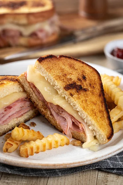 Grilled Ham Cheese Sandwich Cut Half French Fries Plate — Stock Photo, Image