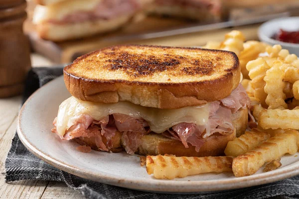 Closeup Grilled Ham Cheese Sandwich French Fries Plate — Stock Photo, Image