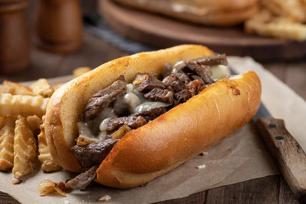Philly Cheesesteak Sandwich Made Steak Cheese Onions Toasted Hoagie Roll — 스톡 사진