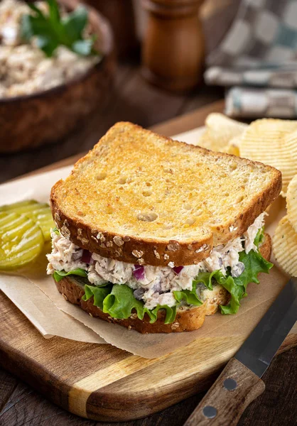 Tuna Salad Lettuce Sandwich Toasted Whole Grain Bread Pickles Potato — Stok fotoğraf