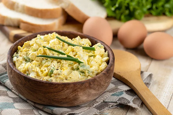 Egg Salad Wooden Bowl Bread Lettuce Eggs Background — Stock Photo, Image
