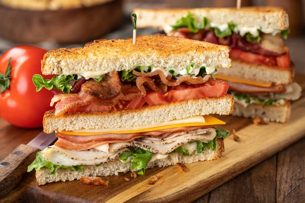 Club Sandwich Made Bacon Ham Turkey Cheese Lettuce Tomato Toasted — Fotografia de Stock