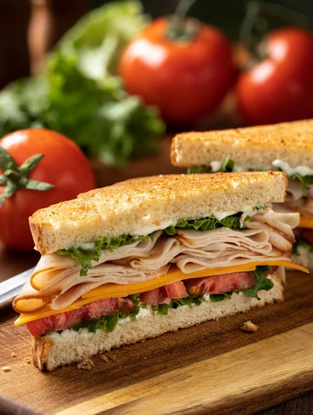 Sandwich Made Sliced Turkey Cheese Lettuce Tomato Toasted Bread Cut — Stock Photo, Image