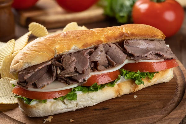 Submarine Sandwich Roast Beef Cheese Tomato Lettuce Hoagie Roll Potato — Stock Photo, Image