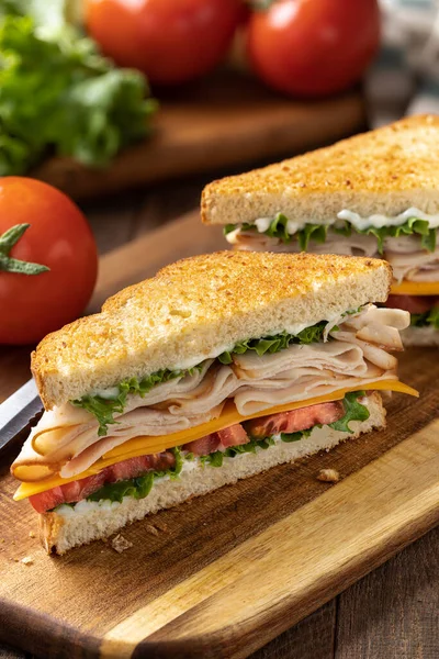 Sandwich Made Sliced Turkey Cheese Lettuce Tomato Toasted Bread Cut — Stock Photo, Image