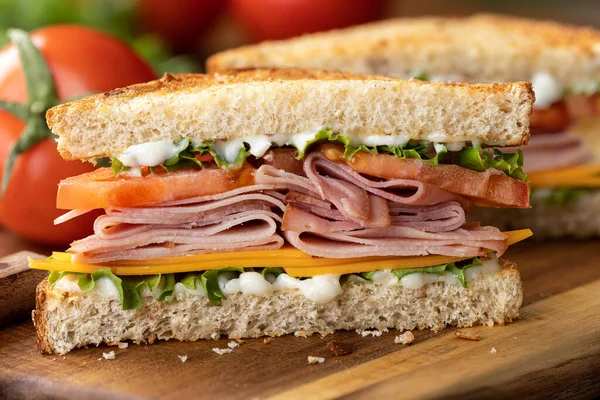 Closeup Ham Sandwich Cheese Lettuce Tomato Whole Grain Bread Lettuce — Stock Photo, Image