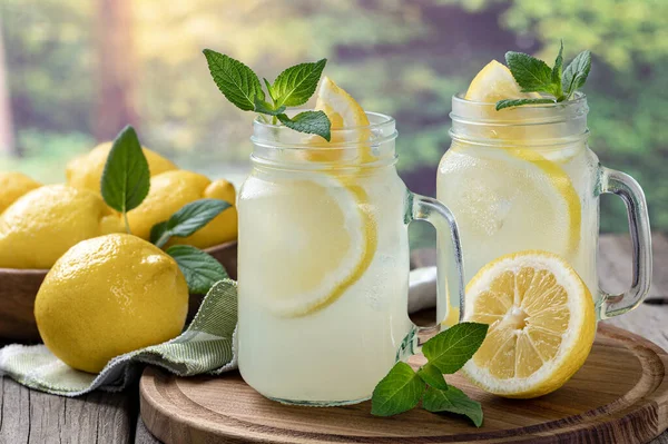 Дві Склянки Лимонаду Ятою Лимоном Дерев Яному Підносі Сільським Фоном — стокове фото