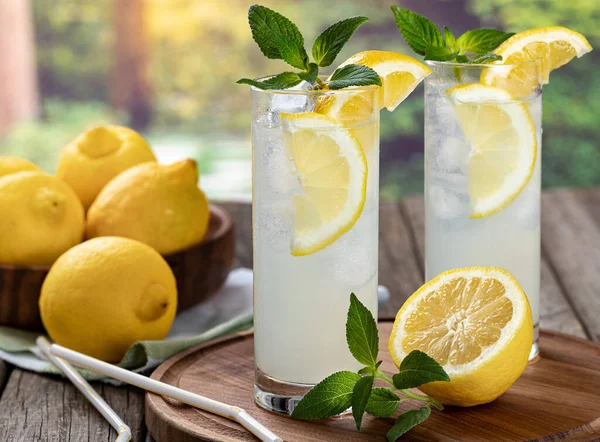 Дві Склянки Холодного Лимонаду Скибочками Лимона Ятою Кубиками Льоду Дерев — стокове фото