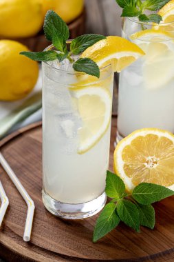 Bir bardak soğuk limonata, nane şekeri, limon dilimleri ve ahşap tabakta buz.