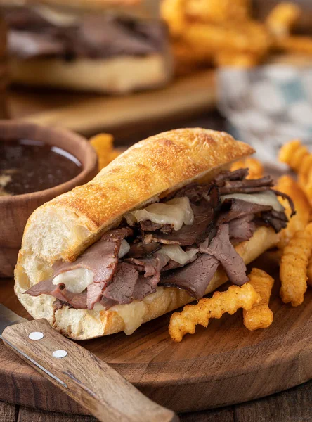 French Dip Sandwich French Fries Bowl Jus Background Wooden Platter — Foto de Stock